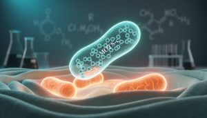 Conceptual scientific image showing a glowing mitochondrial-inspired background with a translucent peptide-chain motif representing MOTS-c signaling.