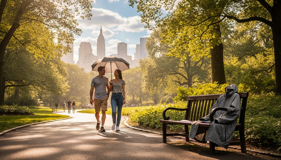 People walking in Central Park during late August sunshine, with a small umbrella and a light rain jacket suggesting fast-changing weather ahead.