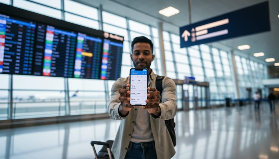 Traveler holding a smartphone while standing in the Newark Liberty International Airport concourse near a gate area, representing flight delay checking and rebooking decisions.