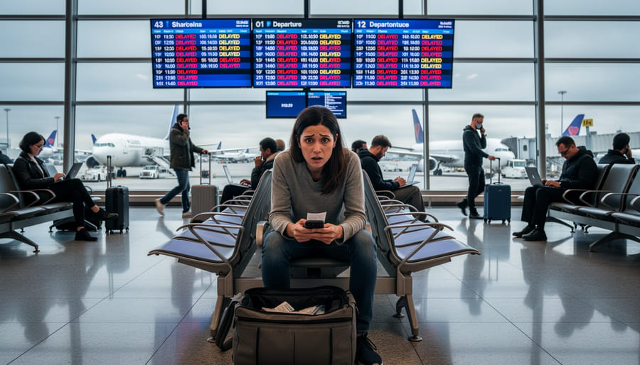 Traveler with a rolling suitcase at a NYC airport entrance under an overcast sky