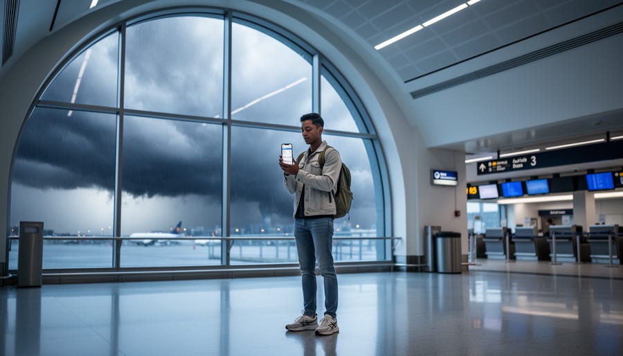 Traveler checking a smartphone near an airport window with storm clouds outside, representing checking NYC flight status during delays.