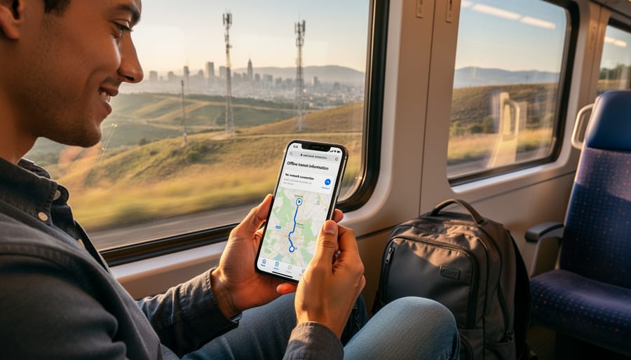 Traveler’s hand using a smartphone to prepare transit map access in a station setting