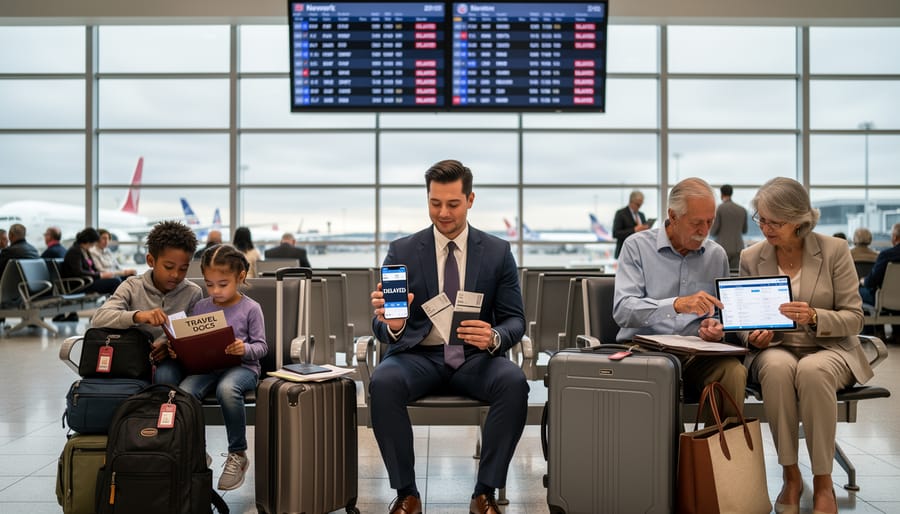 Passenger seated at an airport gate with rolling luggage and travel documents