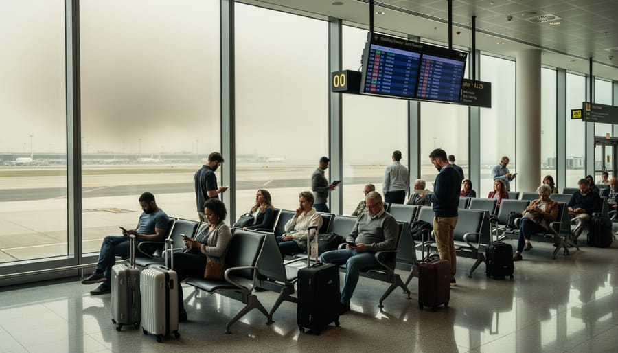 Travelers waiting at an airport gate with hazy conditions visible through windows.