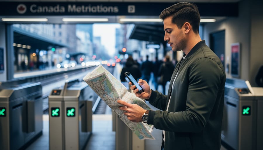 “Traveler holding a folded paper public transport map and checking a smartphone at a Canadian metro station entrance.”