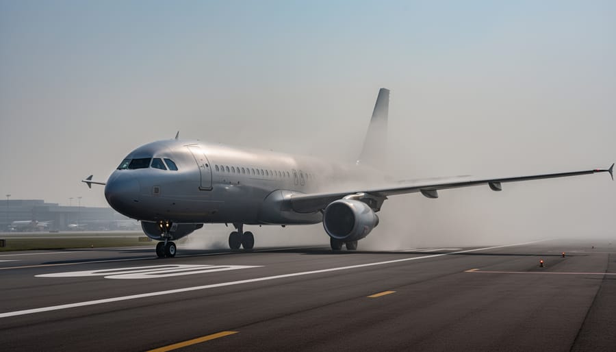 Commercial airplane taxiing on a runway with a smoky haze in the sky.