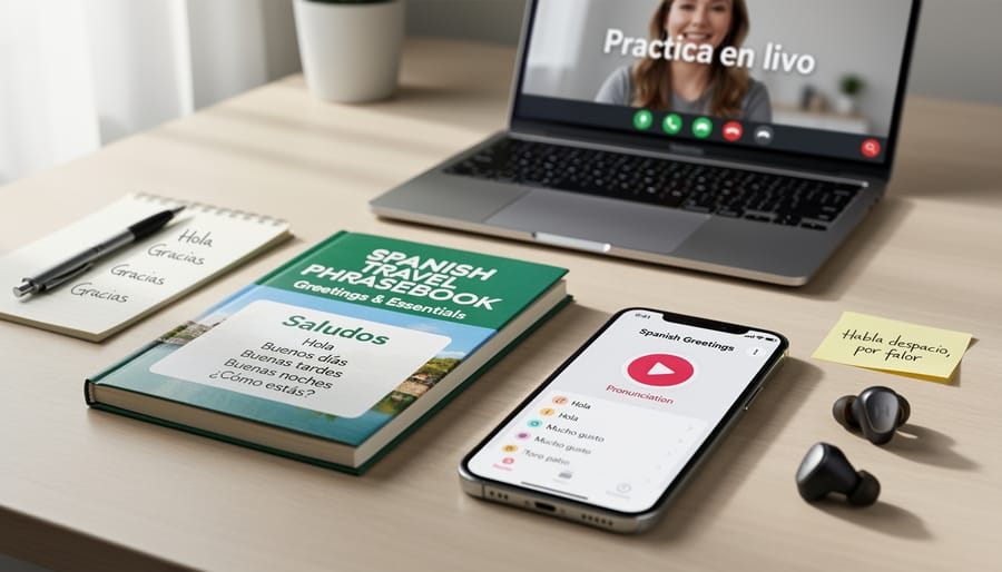 Open travel phrase book and smartphone with earbuds on a wooden table
