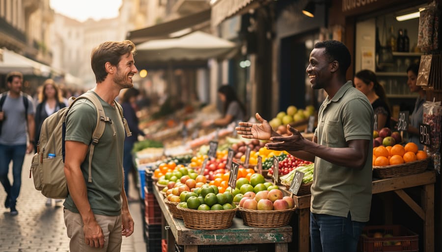 Two people conversing with polite gestures at a Spanish street market