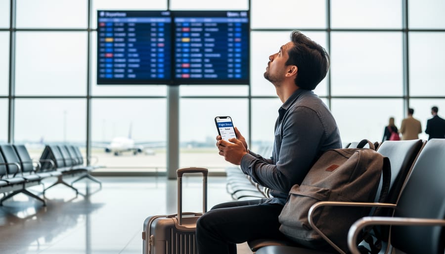 Passenger waiting in an airport terminal with boarding pass and phone while looking toward the gate area