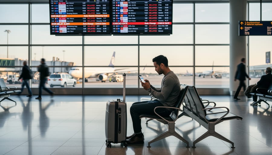 Traveler holding a smartphone and boarding pass at an airport window