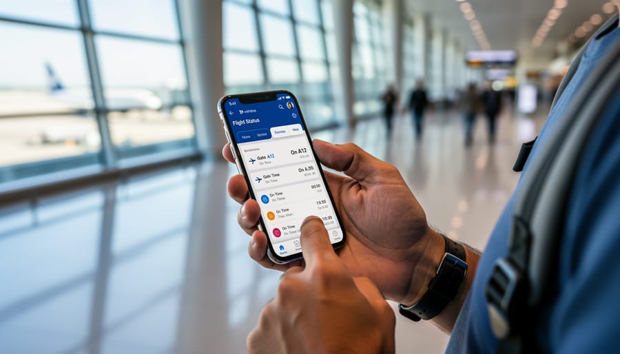 Close-up of a traveler holding a smartphone to check flight status at an airport