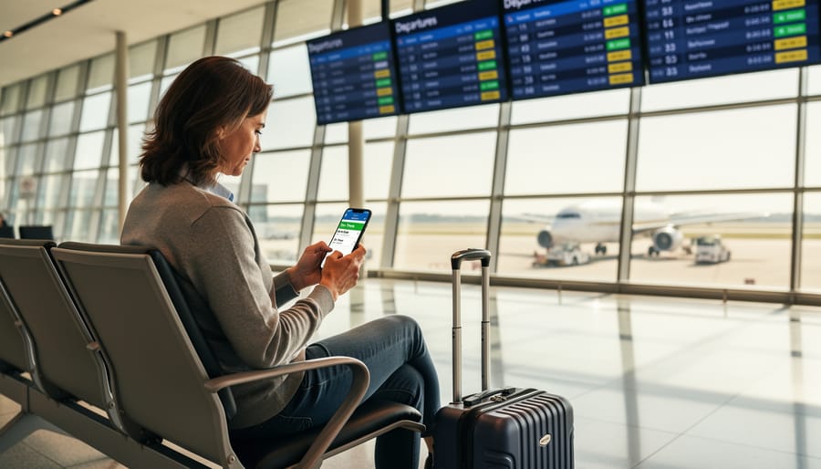 Traveler checking flight information on a smartphone inside an airport terminal