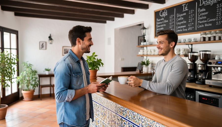 Traveler smiling while greeting a barista at a Spanish café entrance