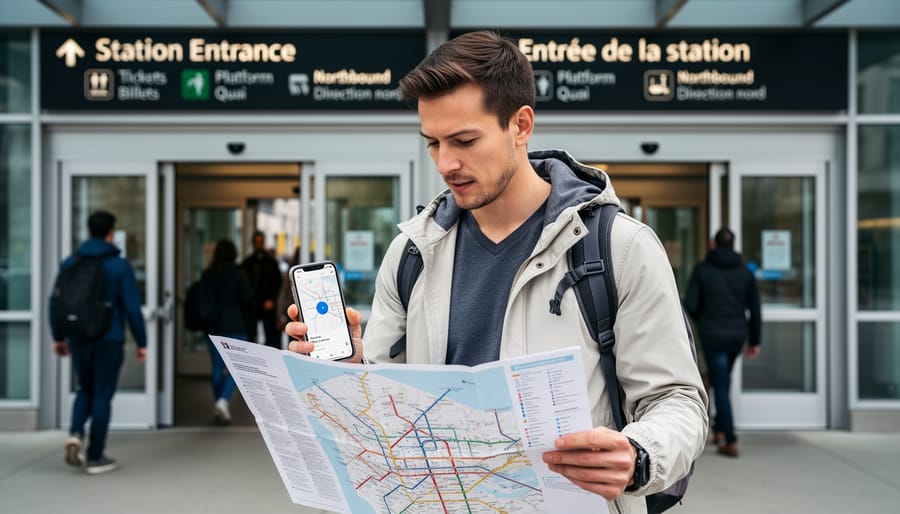 Traveler holding a smartphone and a folded paper transit map at a Canadian transit station entrance