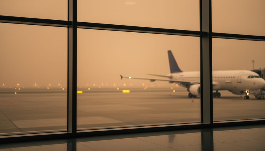 A commercial airplane seen through a terminal window with thick wildfire smoke obscuring the runway and dimming the outdoor visibility.