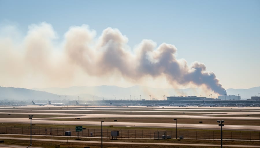 Wildfire smoke plume rising behind a forest of evergreen trees.
