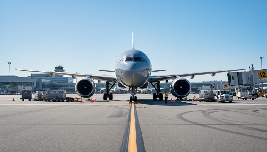 “Commercial airplane parked on the Vancouver International Airport tarmac on a clear day with airport buildings in the distance.”