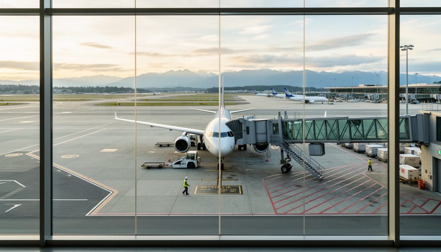 Commercial airplanes parked on Vancouver International Airport runway under soft daylight