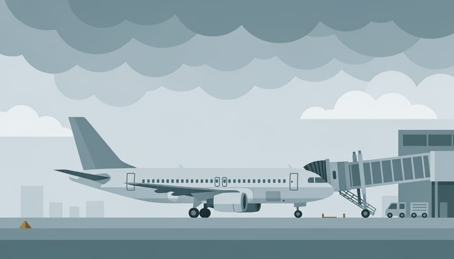 Commercial airplane waiting at an airport gate under overcast skies