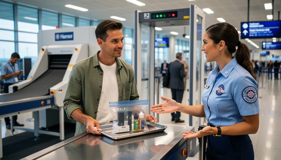 Traveler at airport security checkpoint holding a clear bag with vape components