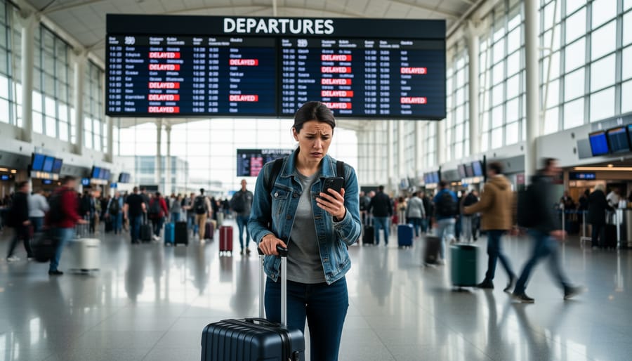 Traveler holding a passport in an airport departure hall while checking information boards
