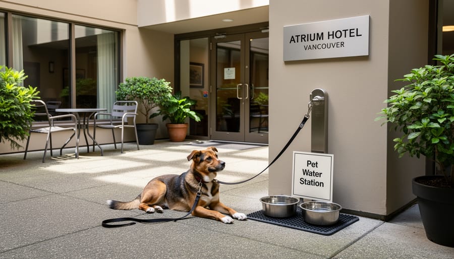 Dog near a portable water bowl and leash in a hotel courtyard setting
