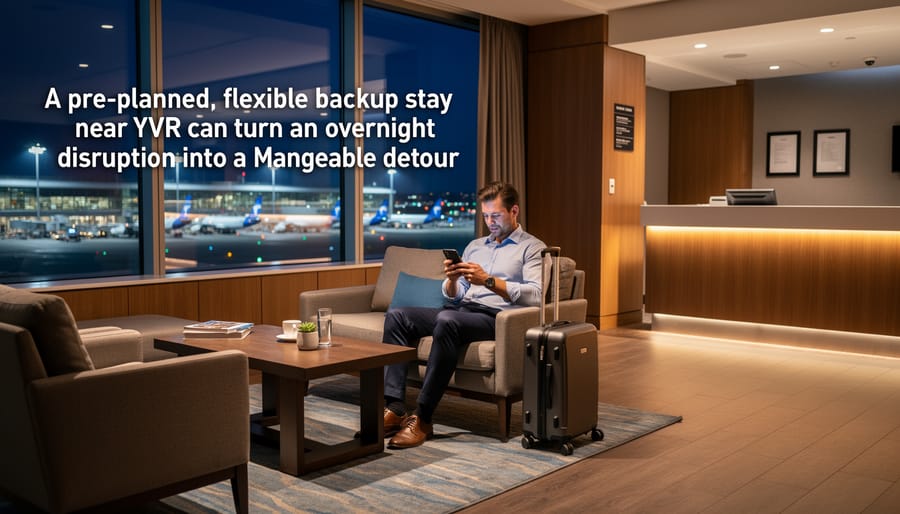 Suitcase rolling through a hotel lobby near an airport, suggesting a flexible backup stay