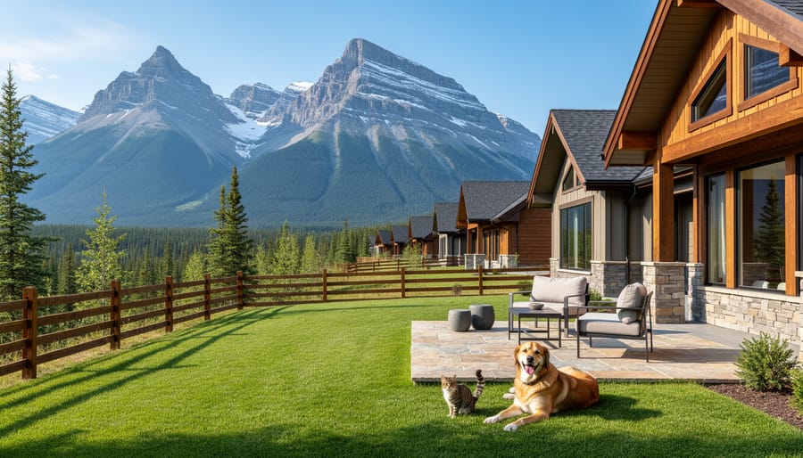 Dog looking out from a hotel balcony toward mountain peaks in Canmore