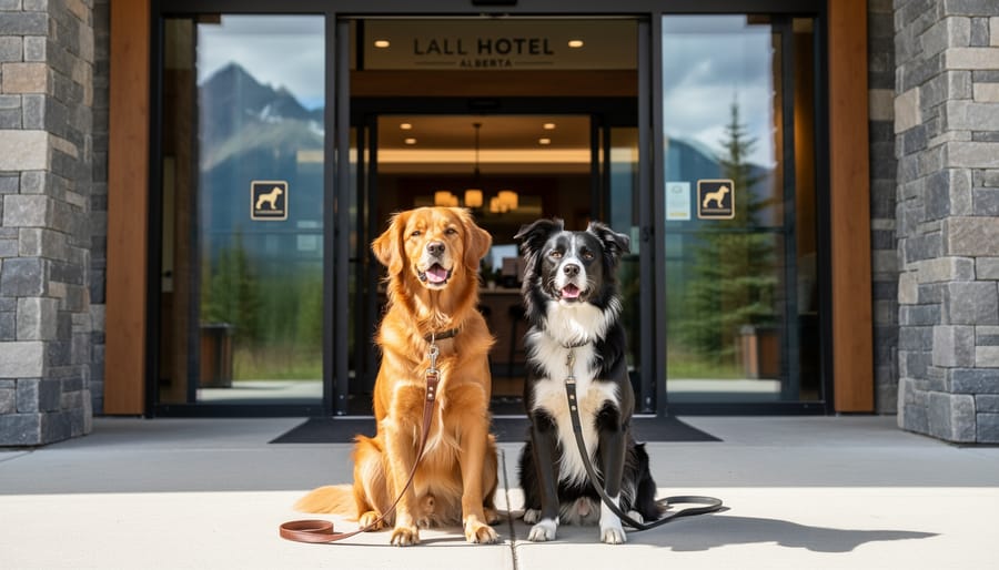 Two dogs with an owner at a hotel entrance in Canmore