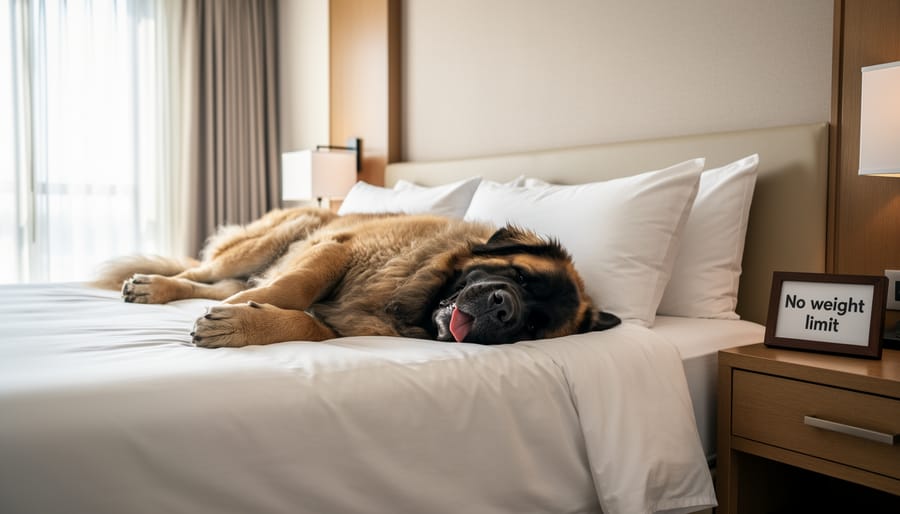Large dog resting comfortably on a floor mat in a spacious hotel room