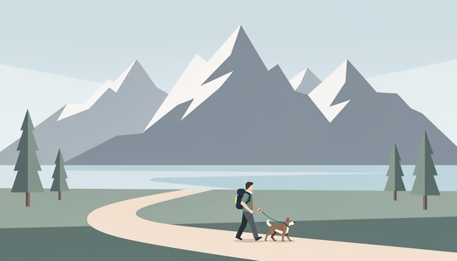 Owner and dog walking a trail into the Rocky Mountains near Canmore