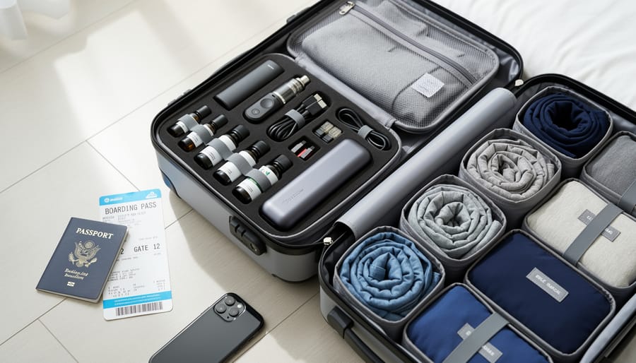 Traveler packing vape device and spare parts in an organized carry-on bag on a hotel bed