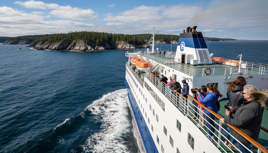 Chi-Cheemaun ferry traveling across Georgian Bay with distant coastline on the horizon