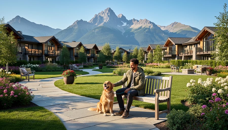 Leashed dog on a resort patio path with landscaped greenery in Canmore