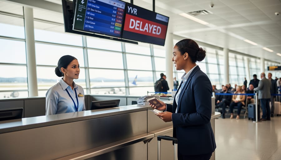 Gate agent talking with a traveler near an airport gate