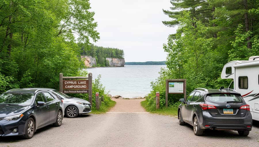 Cyprus Lake Campground area with parked vehicles, leading toward the lake shoreline and limestone cliffs in Bruce Peninsula National Park.