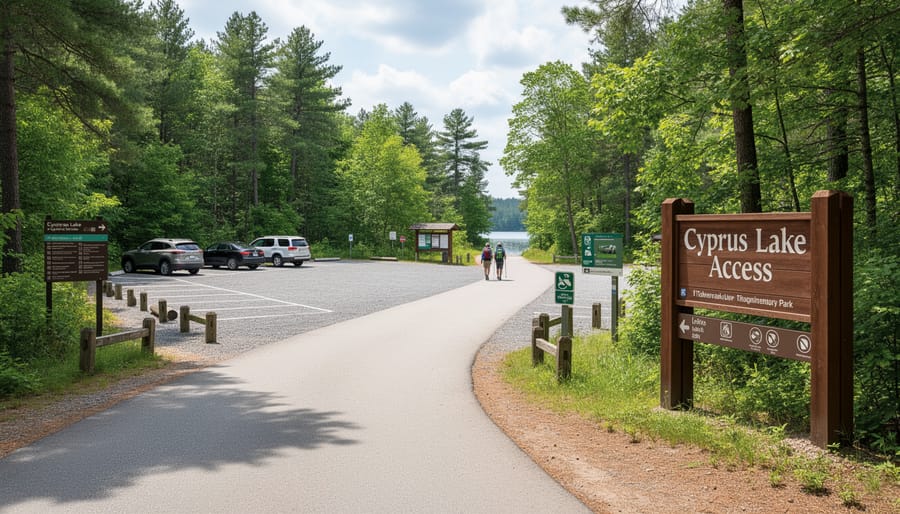 Vehicles parked near the Cyprus Lake Road access area at Bruce Peninsula National Park