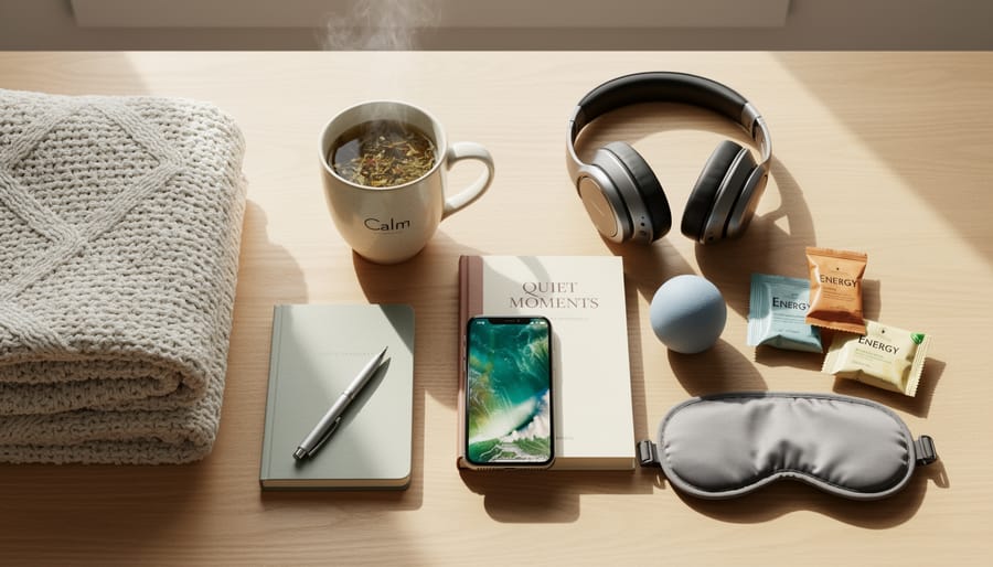 Carry-on essentials laid out at an airport seat including power bank, water bottle, and snacks