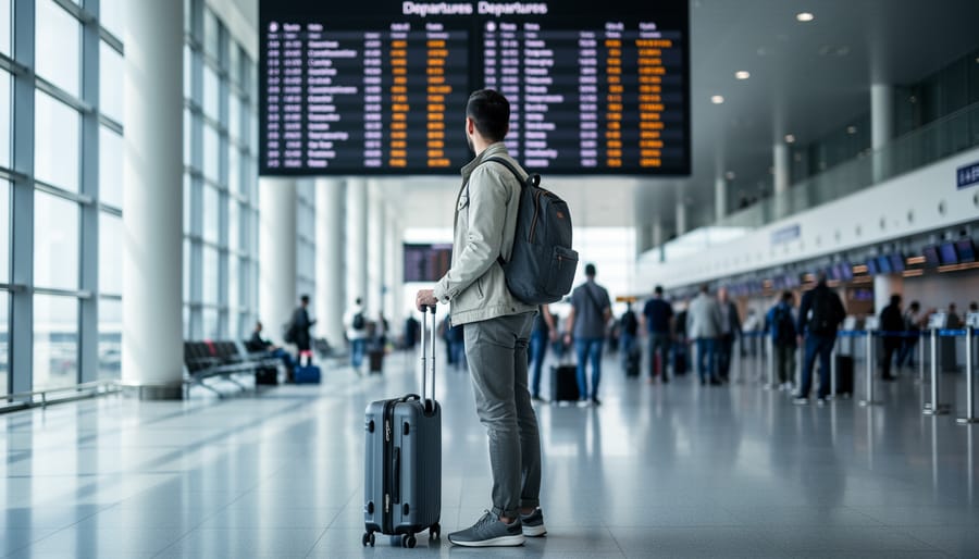 “Traveler standing at an airport departure gate area during a flight delay, looking toward a glowing status board with unreadable text in the background.”