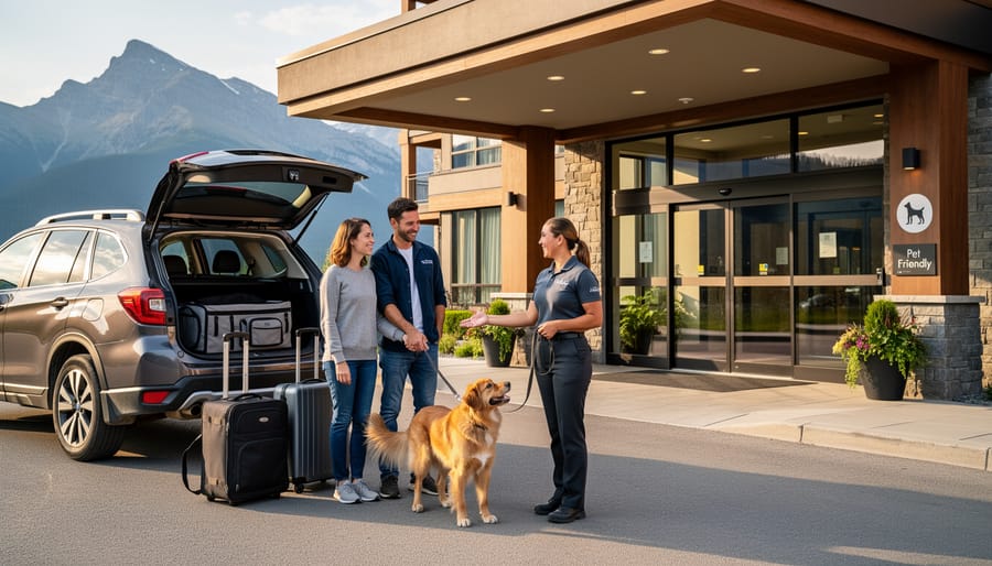 Dog waiting at the entrance of a modern hotel in Canmore, Alberta