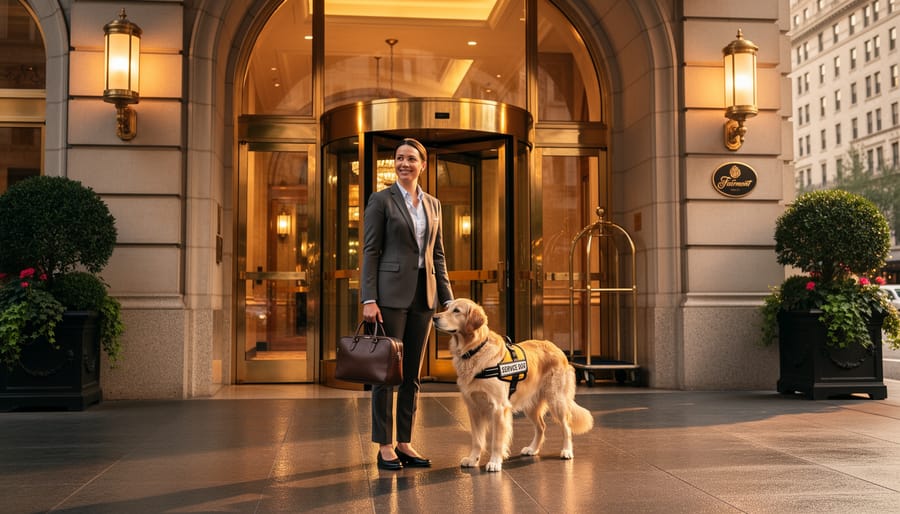 Guest and service dog waiting at the luxury hotel entrance in a Fairmont-style setting