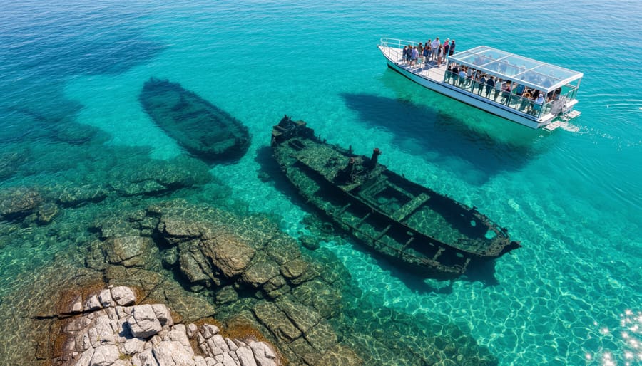 Glass-bottom boat viewpoint showing clear turquoise water and underwater rock formations in Fathom Five National Marine Park