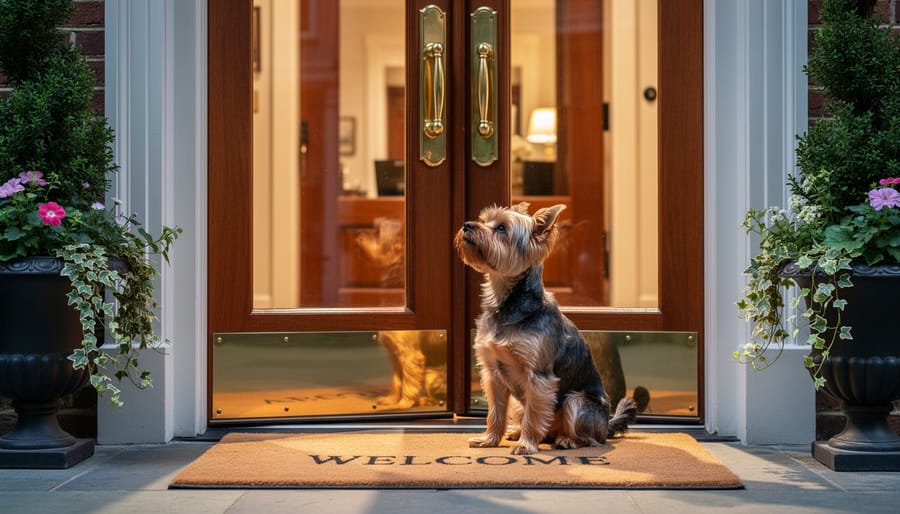 Small dog resting near a welcome mat in front of a boutique hotel entrance