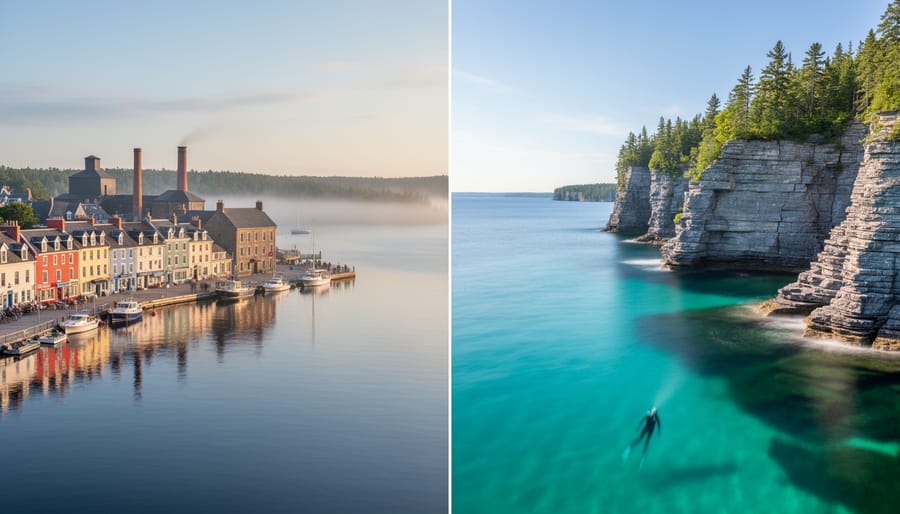 Split-horizon scene showing Tobermory, Scotland’s colorful harbor buildings beside calm water, and Tobermory, Ontario’s turquoise coastline with rugged cliffs and clear sea depths.