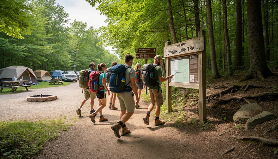 Hikers walking along a wooded trail near Cyprus Lake with trees framing the path