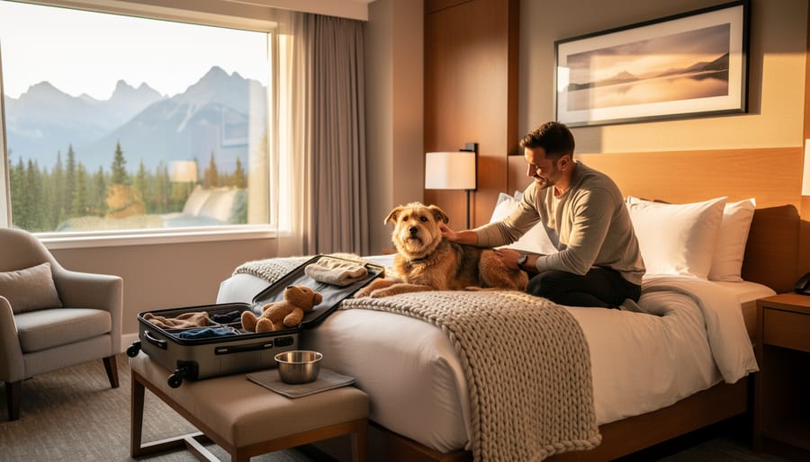 Small dog relaxing in a clean hotel room with a water bowl on the floor