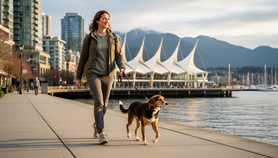 Leashed dog walking with an owner on a downtown Vancouver sidewalk near Pan Pacific