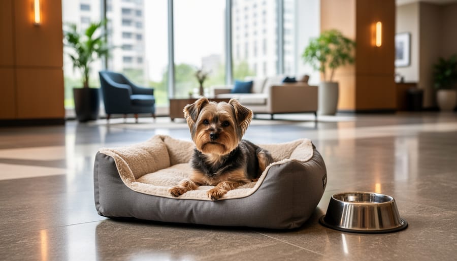 Small dog resting on a pet bed near a water bowl inside Paradox Hotel Vancouver lobby