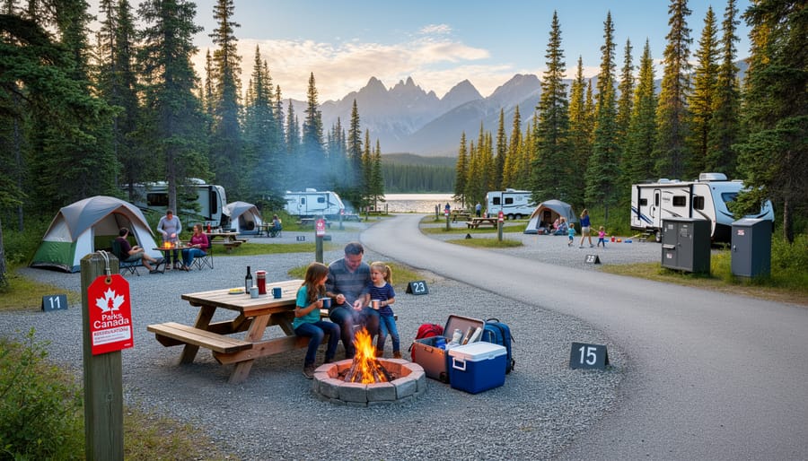 Campers setting up tents at a campground with conifer trees in the background.
