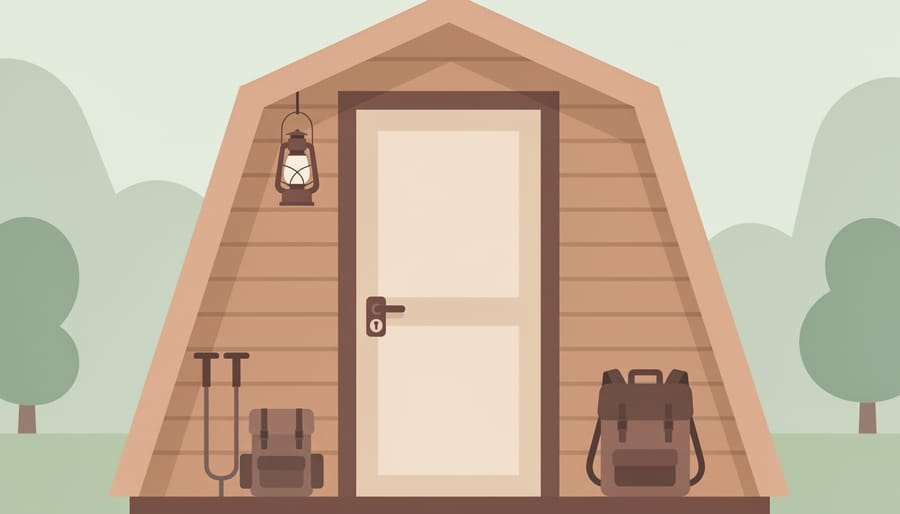 Hands holding a cabin key lanyard next to a rustic cabin door with forest in the background.